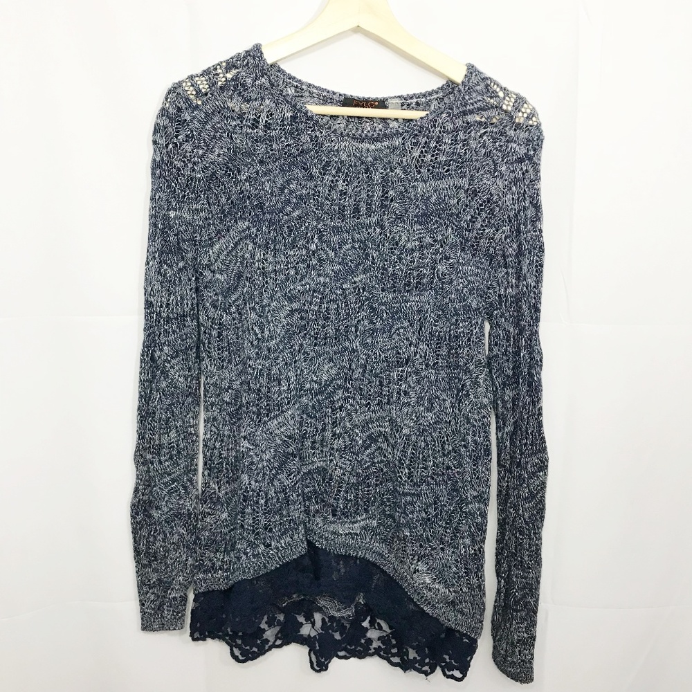 Fylo London Lace Trimmed Blue Knit Sweater L